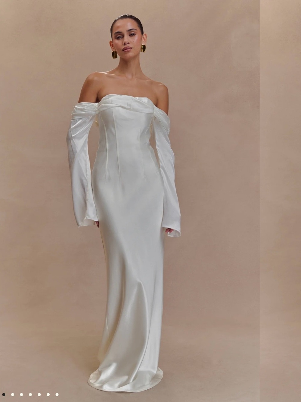 Meshki- Giselle, off shoulder cowl neck maxi dress in white